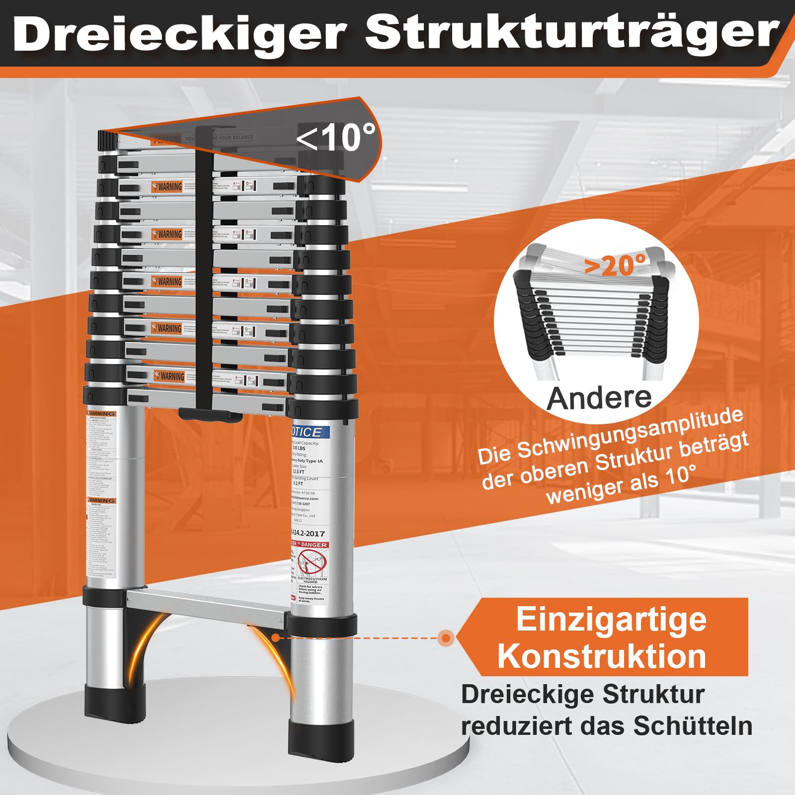 HBTower Teleskopleiter 3,8 m aus Aluminium, Klappbare Ausziehleiter mit Rutschfesten Füßen, Robust & Tragbar, Tragkraft 150 kg, Ideal für Dachrinnenreinigung & Außenreparaturen, Silber