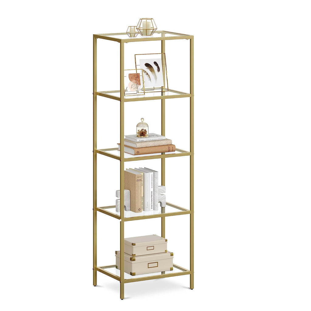 VASAGLE Regal mit 5 Ablagen, Badregal, gehärtetes Glas, einfache Montage, für Badezimmer, Wohnzimmer, Küche, Büro, transparent-metallisches Gold LGT029A01