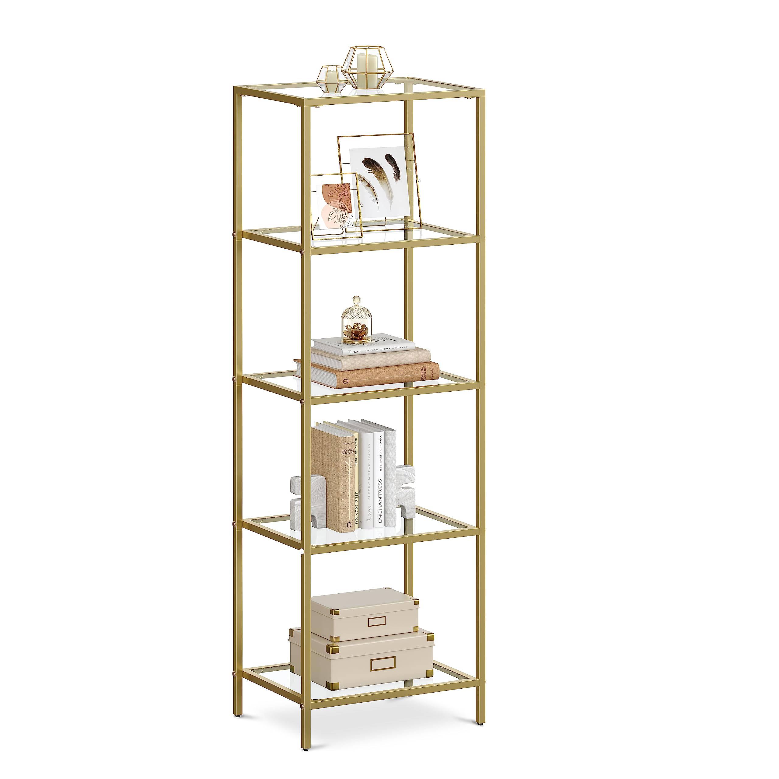VASAGLE Regal mit 5 Ablagen, Badregal, gehärtetes Glas, einfache Montage, für Badezimmer, Wohnzimmer, Küche, Büro, transparent-metallisches Gold LGT029A01