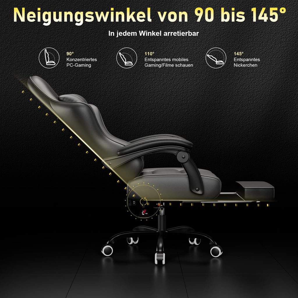 JUMMICO Gaming Stuhl, Schreibtischstuhl mit Massagefunktion,Bürostuhl Ergonomisch mit Fußstütze,150 kg, Schwarz