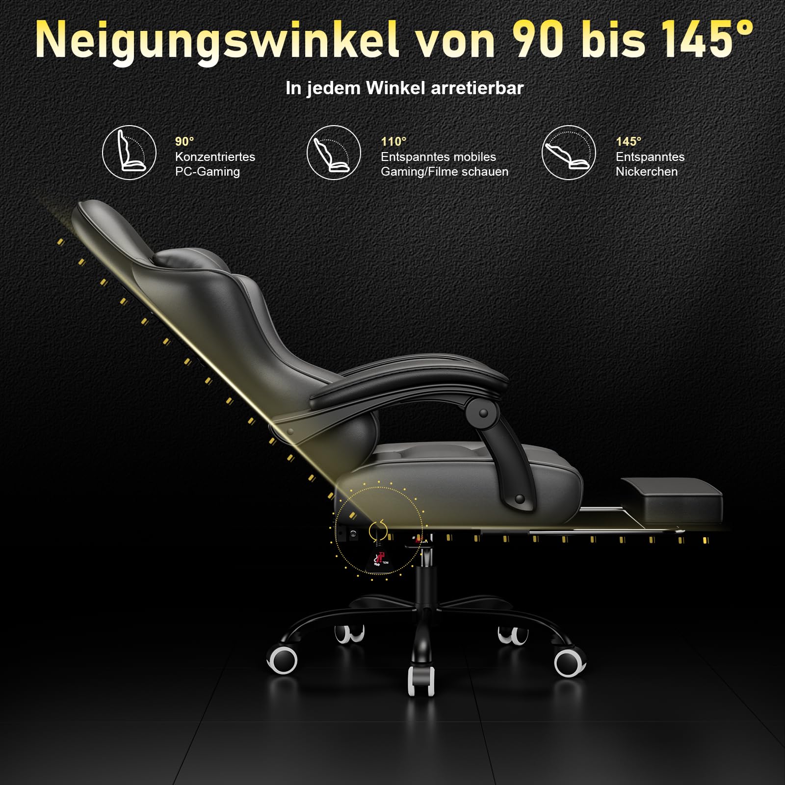 JUMMICO Gaming Stuhl, Schreibtischstuhl mit Massagefunktion,Bürostuhl Ergonomisch mit Fußstütze,150 kg, Schwarz