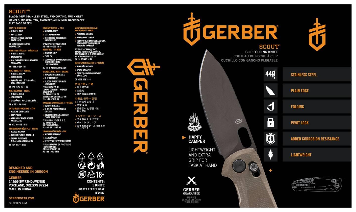 Gerber Taschenklappmesser mit Taschenclip, Scout, Mit Micarta-Griff und Glasbrecher, Klingenlänge: 8,2 cm, Grün, Rostfreier 440A Stahl, 1064583