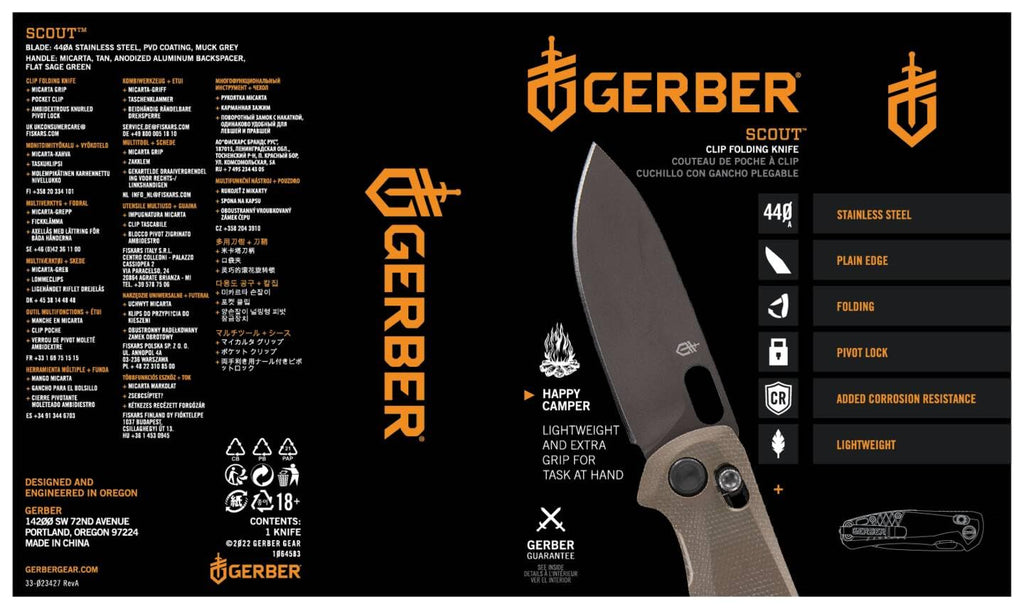 Gerber Taschenklappmesser mit Taschenclip, Scout, Mit Micarta-Griff und Glasbrecher, Klingenlänge: 8,2 cm, Grün, Rostfreier 440A Stahl, 1064583
