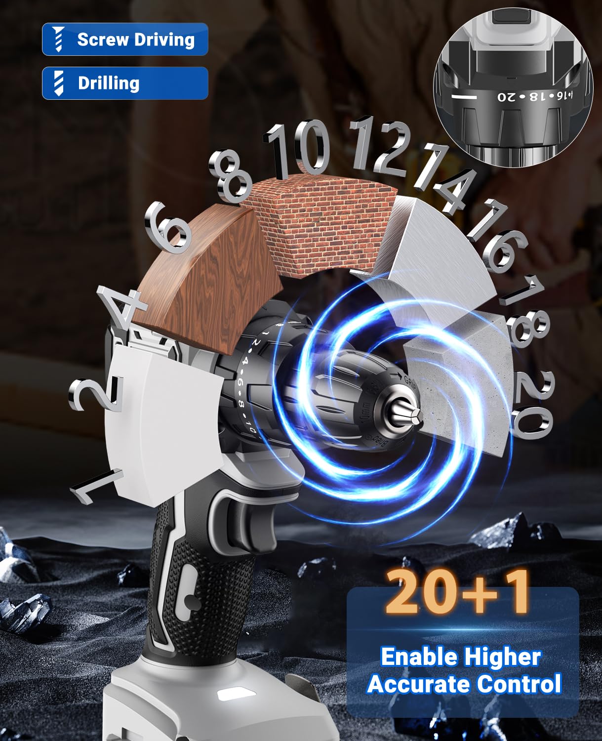 AKZWOXRO Akkuschrauber Bürstenlos 21V, Akku Bohrschrauber mit 2 Akkus 2.0Ah, 45N.m Akku Bohrmaschine, 2 Gang, 20+1 Drehmomentstufen, LED Licht, 14tlg Zubehöre Set für Garten DIY Projekt, Grau