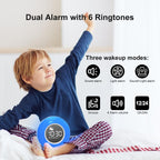 Kinder Wecker Digital, Schlaftrainer mit Nachtlicht, Lichtwecker mit 10 White Noise, Snooze und Timer 15/30/60/90 mins, LED mit Licht Tischuhr ohne Tick, Geschenke für Mädchen Jungen