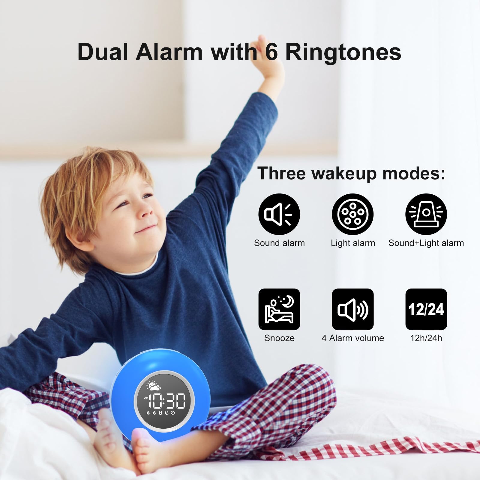 Kinder Wecker Digital, Schlaftrainer mit Nachtlicht, Lichtwecker mit 10 White Noise, Snooze und Timer 15/30/60/90 mins, LED mit Licht Tischuhr ohne Tick, Geschenke für Mädchen Jungen