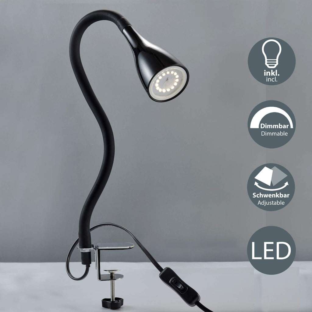 B.K.Licht - Schreibtischlampe mit Kabelschalter, dimmbar in Stufen, schwenkbar, Tischlampe, Klemmleuchte, Tischleuchte, Bürolampe, Leselampe, Leselicht, Klemmlampe, 60x5,5 cm, Schwarz