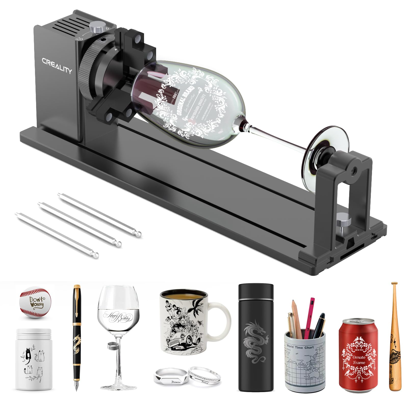 Creality Offizielles Rotary Kit Pro, Laser Rotary Roller 3 in 1 Multifunktions Gravur Zubehör für Lasergravur, Backenfutter Rotary zum Gravieren zylindrischer Objekte, Weinglas, Baseballschläger, Ring