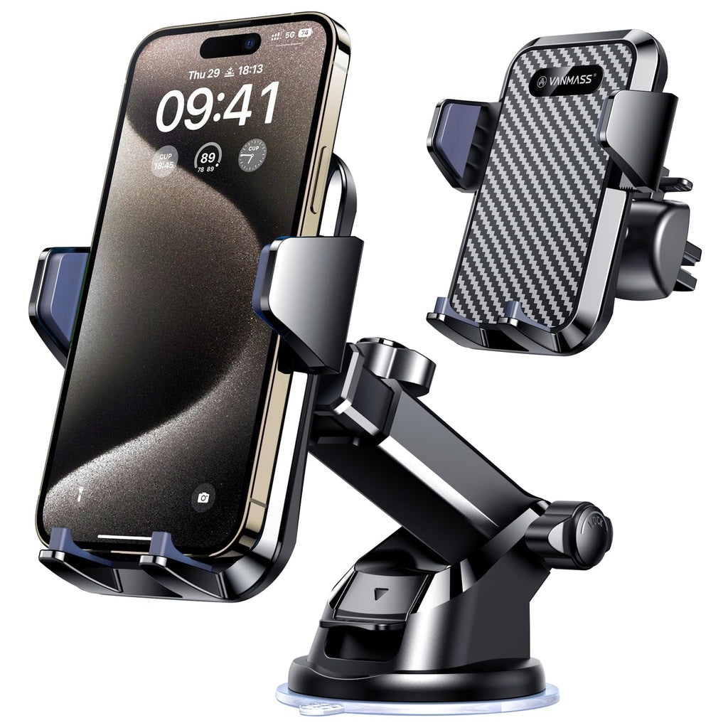 VANMASS Handyhalterung Auto 2026 neuste Version Handy Halterung Auto 4 in 1 Lüftung & Saugnapf Handyhalter 100% Kratzschutz Smartphone Halterungen Innentürgriffe für iPhone 17 Samsung S24 Huawei