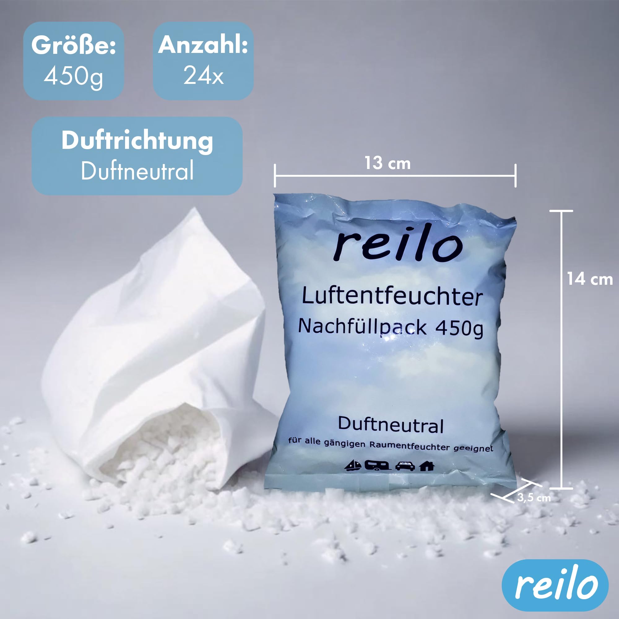 reilo 24x 450g Luftentfeuchter Granulat (Calciumchlorid), Raumluftentfeuchter im Vliesbeutel, Nachfüllpacks für Entfeuchterboxen 400 bis 1200 g, Lufttrockner für Wohnräume, Schlafzimmer, Keller