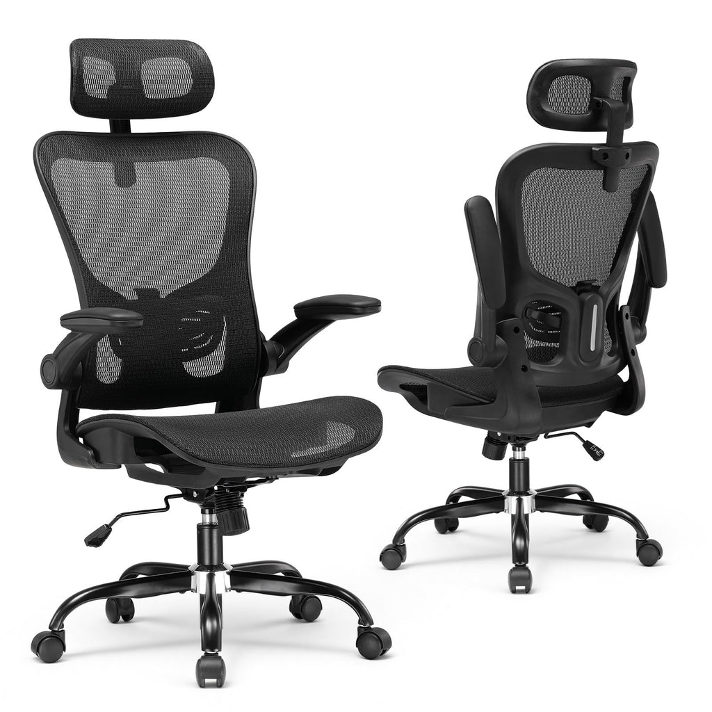 GTPLAYER Bürostuhl Ergonomisch, Schreibtischstuhl mit Verstellbarer Kopfstütze, Armlehnen, Lendenwirbelstütze, Büro Stuhl & Gaming Stuhl Wippfunktion, Chefsessel aus Mesh, 150kg(Schwarz)