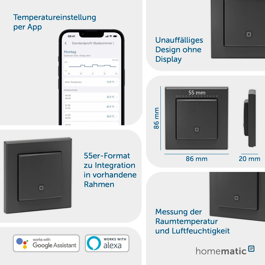 Homematic IP Smart Home Temperatur- und Luftfeuchtigkeitssensor – innen, anthrazit, steuert digital Heizkörper/Fußbodenheizung App, Alexa, Google Assistant, Temperaturmessung, Energie sparen, 160530A0