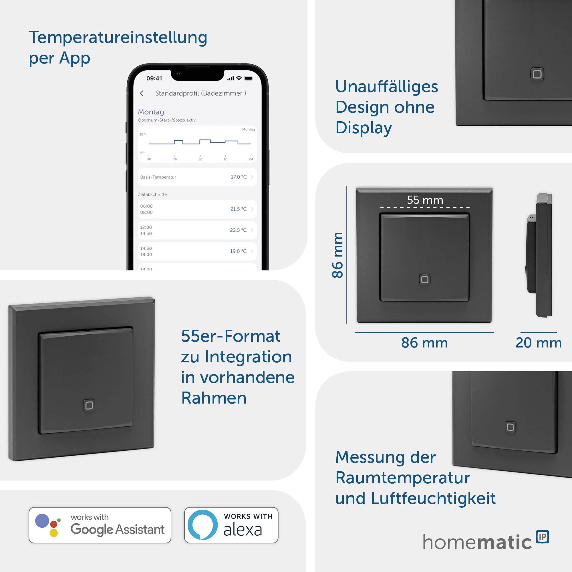Homematic IP Smart Home Temperatur- und Luftfeuchtigkeitssensor – innen, anthrazit, steuert digital Heizkörper/Fußbodenheizung App, Alexa, Google Assistant, Temperaturmessung, Energie sparen, 160530A0