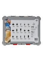Bosch 15x PRO Fräser-Set gemischt (für Weichholz, Hartholz, Ø 13/16/13/35/25/16/32/32/27/29/19/25/8/10/16 mm, Professional Zubehör Handfräse, Kantenfräse)