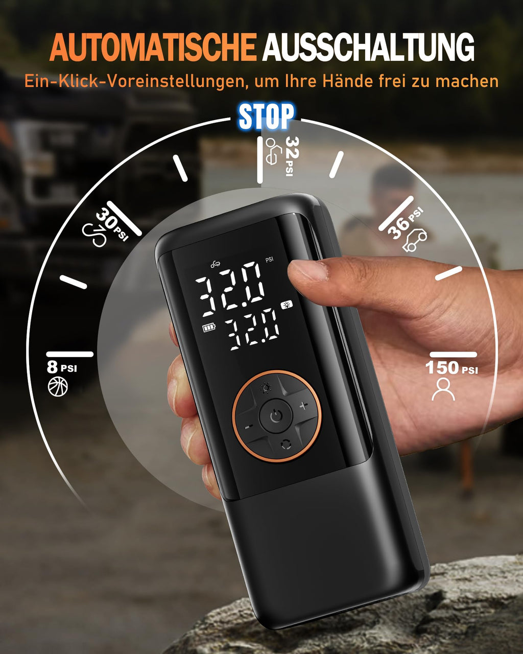 Elektrische Luftpump mit Akku, 150 PSI Luftpumpe für Fahrradpumpe, Tragbar Mini Kompressor mit Manometer & Doppelt-LED-Anzeige, 12V DC Elektrische Autoreifen für Autos, Motorräder, Fahrräder und Bälle