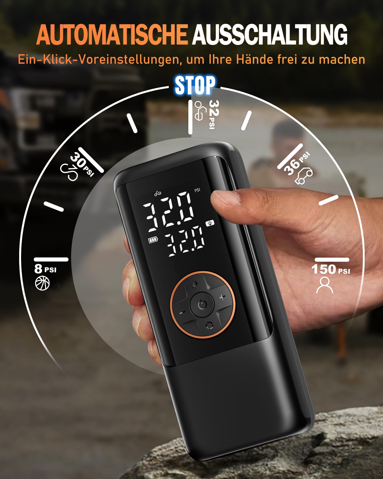 Elektrische Luftpump mit Akku, 150 PSI Luftpumpe für Fahrradpumpe, Tragbar Mini Kompressor mit Manometer & Doppelt-LED-Anzeige, 12V DC Elektrische Autoreifen für Autos, Motorräder, Fahrräder und Bälle