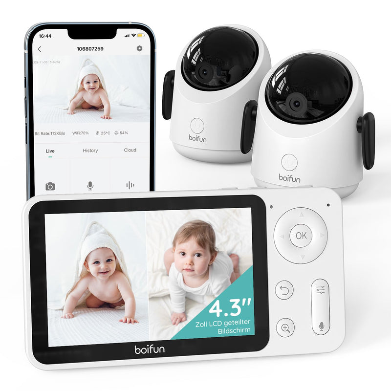 BOIFUN Babyphone mit 2 Kameras, 360 Gard WLAN 2MP Video Babyfon mit App, 4×Zoom, Bewegungsverfolgung, IR Nachtsicht, Weinen/Bewegungs/Geräuscherkennung, Temperaturerkennung