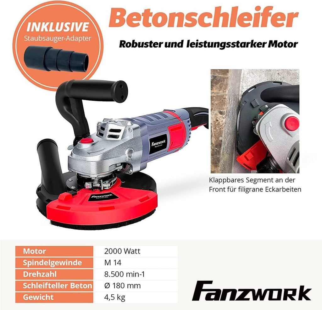 FANZWORK Betonschleifer Betonfräse Set mit Diamantschleiftopf und Absaughaube (2000W/180mm)