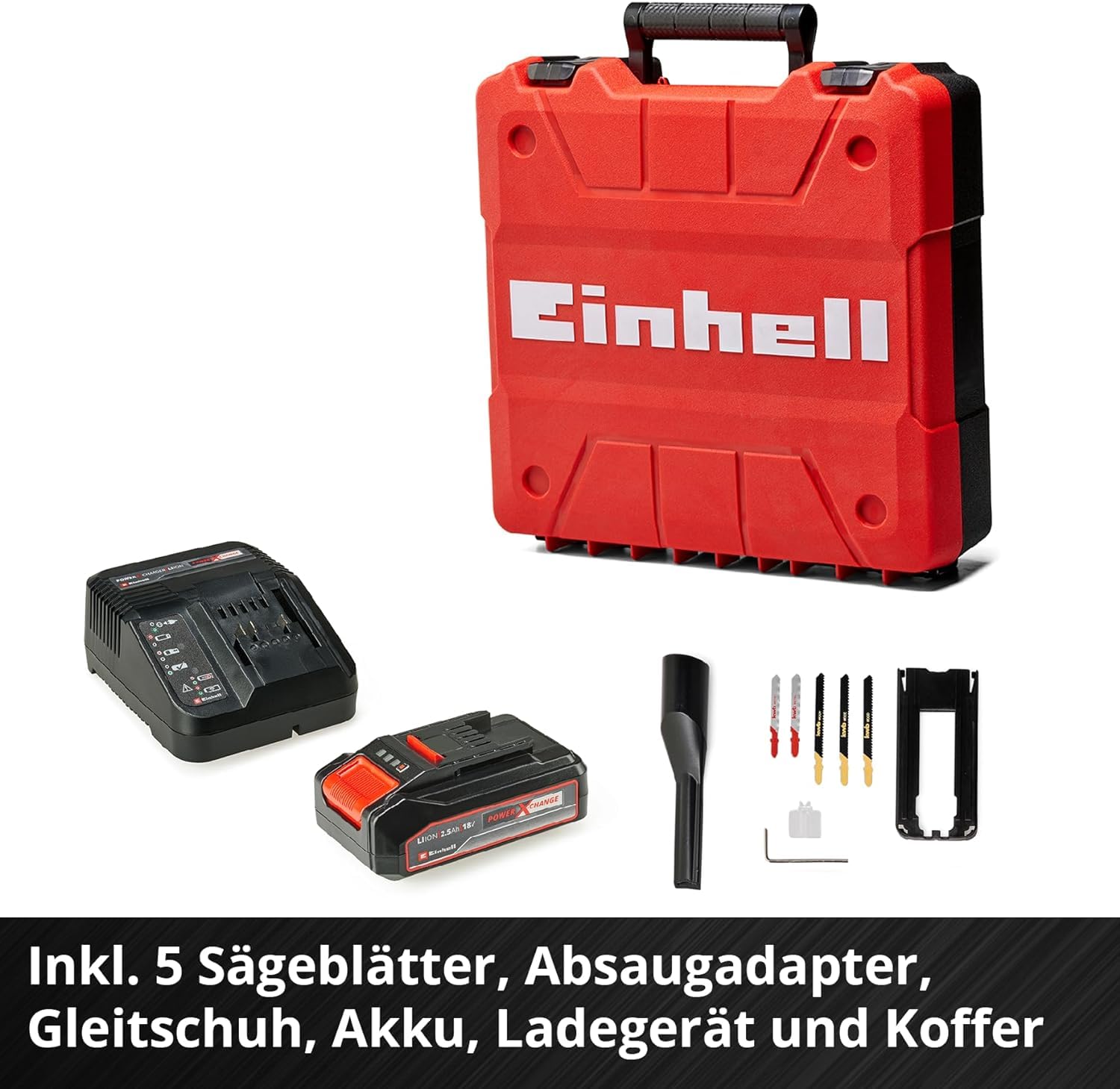 Einhell Akku-Stichsäge TC-JS 18 Li (1x2,5 Ah) Power X-Change (Li-Ion, 18 V, Pendelhubfunktion, Absaugadapter, inkl. 1x 2,5 Ah Akku, Ladegerät und Koffer)