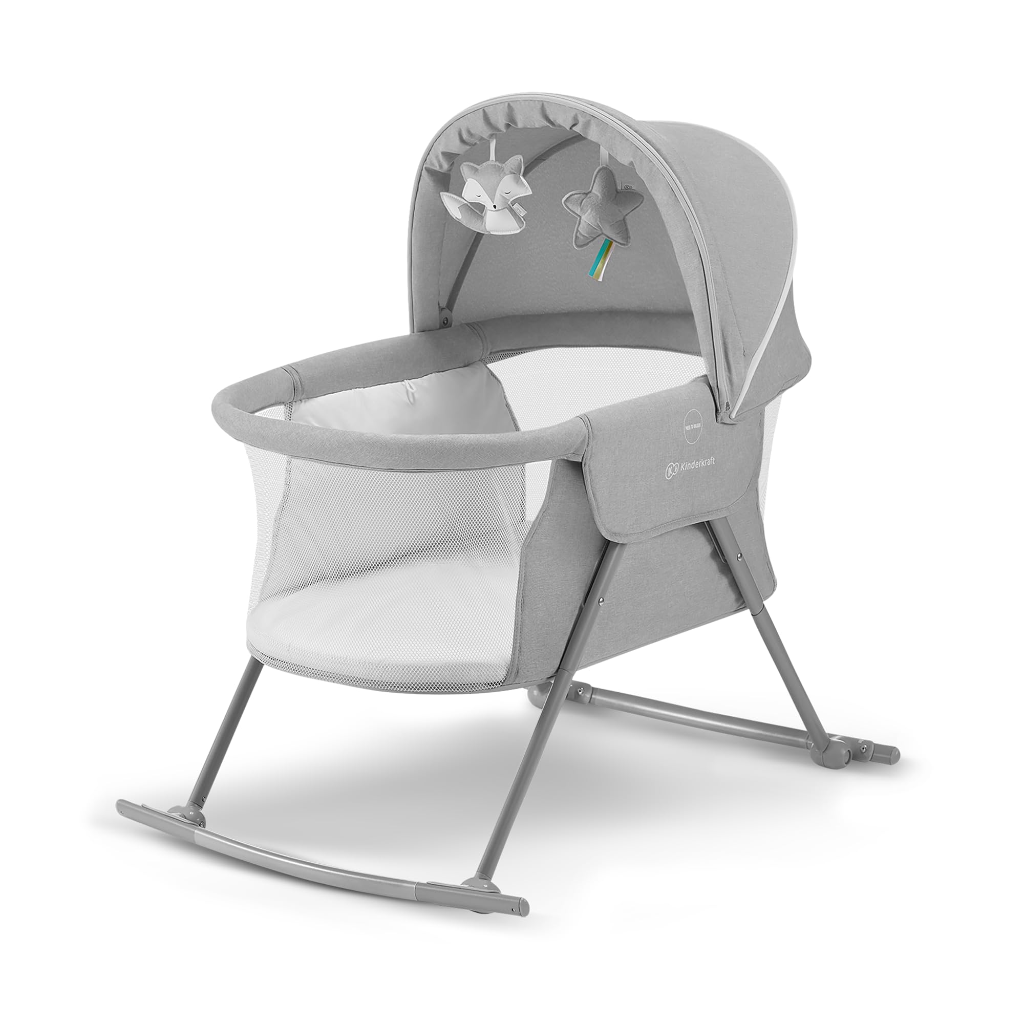 kk Kinderkraft Kinderkraft Kinderbett 3 in 1 lOVI, Kinderreisebett, Stubenwagen, Babywiege, Baby Wippe, Zusammenklappbar, Einfach Transport, mit Zubehör, Tasche, Moskitonetz,von Geburt bis 9 kg, Grau