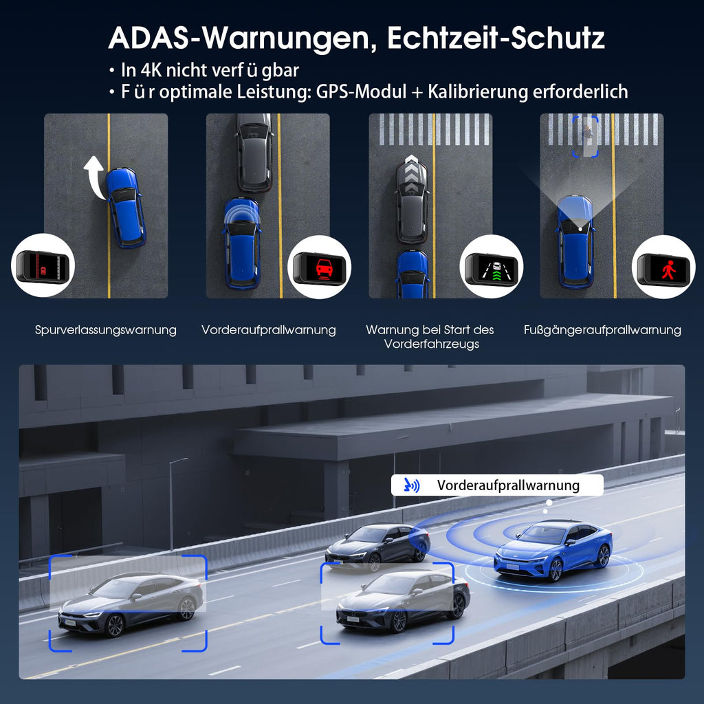 Avylet 4K/2.5K+1080P Dashcam Auto Vorne Hinten, 5GHz WiFi/APP Dual Kamera mit 64GB Card, ADAS Spurhalteassistent, Parküberwachung, externem GPS, Super Nachtsicht, WDR, G-Sensor, 170°+150° Weitwinkel