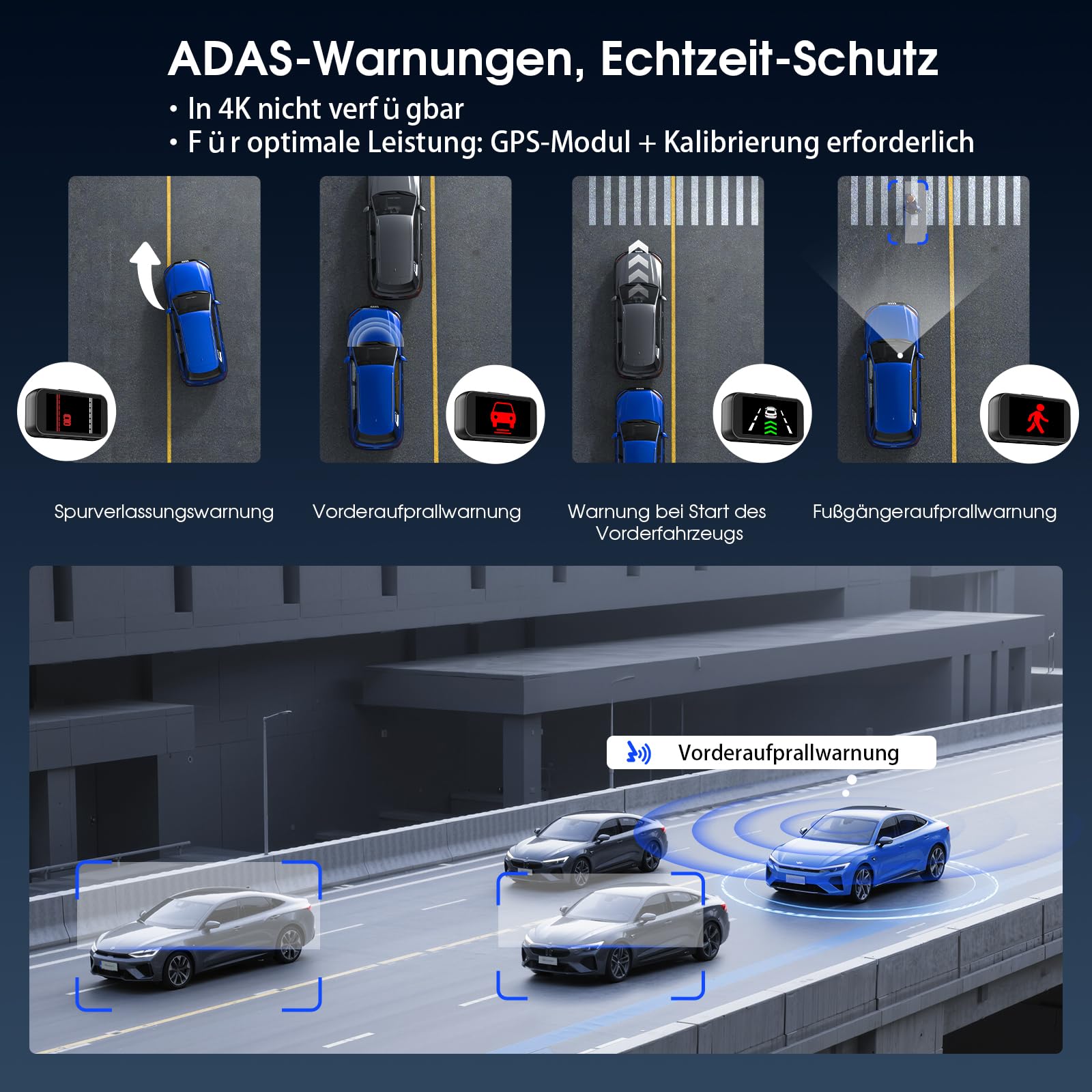 Avylet 4K/2.5K+1080P Dashcam Auto Vorne Hinten, 5GHz WiFi/APP Dual Kamera mit 64GB Card, ADAS Spurhalteassistent, Parküberwachung, externem GPS, Super Nachtsicht, WDR, G-Sensor, 170°+150° Weitwinkel