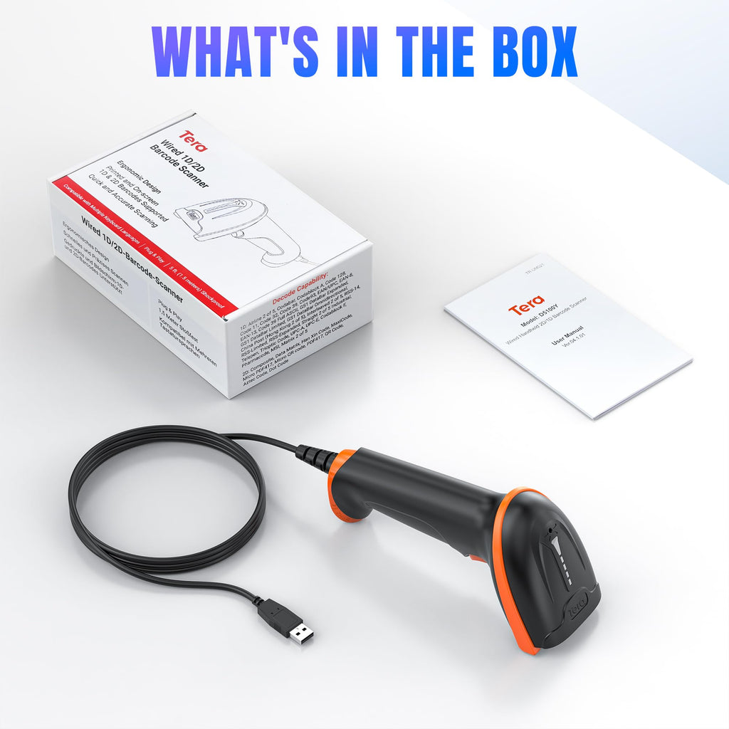 Tera Barcode Scanner 1D 2D QR Wired Handscanner Kabelgebundenes CMOS-Barcode-Lesegerät mit Stoßfest Wasserdicht IP65 Ergonomischer Griff 300,000-Pixel-Kamera und USB-Kabel, Plug&Play, D5100Y