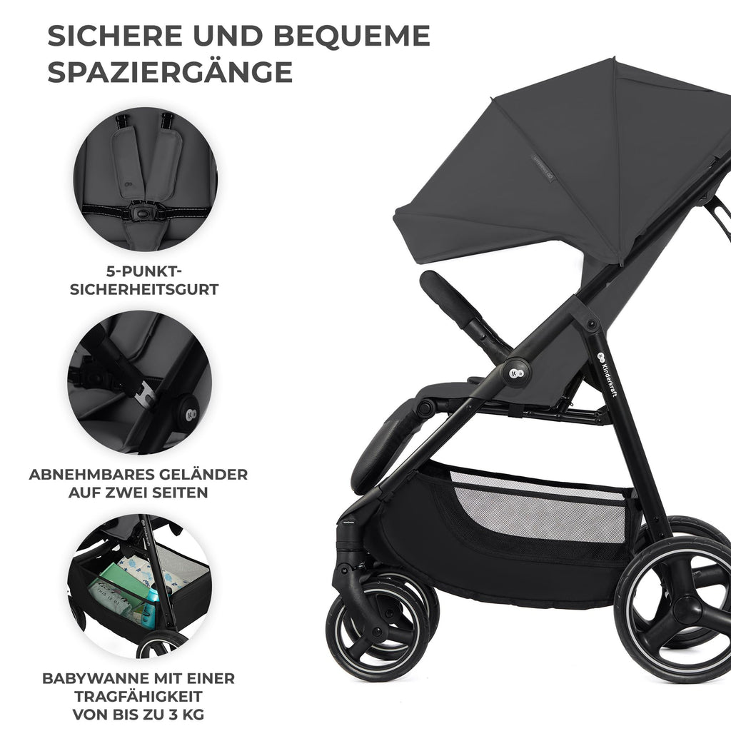Kinderkraft TRIG 3 Kinderwagen, Kinderbuggy, Liegewagen, Sportwagen, Buggy, Zusammenklappen, Breite und tiefe Sitz, mit Liegeposition, 4 Rad Dämpfung, Große Dach, 5-Punkt-Gurt, bis zu 25 kg, Grau
