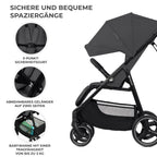 Kinderkraft TRIG 3 Kinderwagen, Kinderbuggy, Liegewagen, Sportwagen, Buggy, Zusammenklappen, Breite und tiefe Sitz, mit Liegeposition, 4 Rad Dämpfung, Große Dach, 5-Punkt-Gurt, bis zu 25 kg, Grau