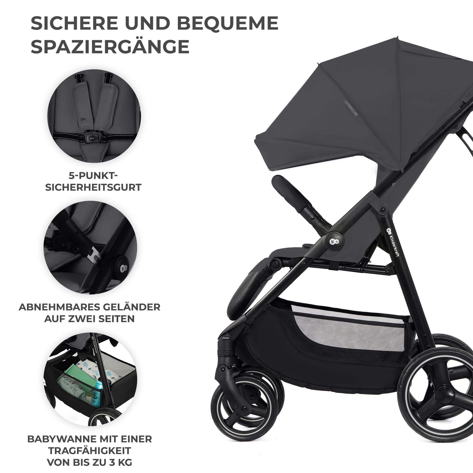 Kinderkraft TRIG 3 Kinderwagen, Kinderbuggy, Liegewagen, Sportwagen, Buggy, Zusammenklappen, Breite und tiefe Sitz, mit Liegeposition, 4 Rad Dämpfung, Große Dach, 5-Punkt-Gurt, bis zu 25 kg, Grau