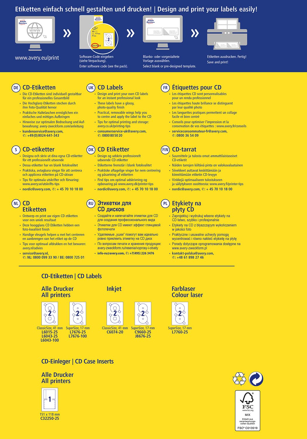 AVERY Zweckform C6074-20 selbstklebende CD-Etiketten (40 blickdichte CD-Aufkleber, Ø 117 mm auf A4, ClassicSize, Papier hochglänzend, bedruckbare Klebeetiketten für alle Inkjet-Drucker) 20 Blatt, weiß