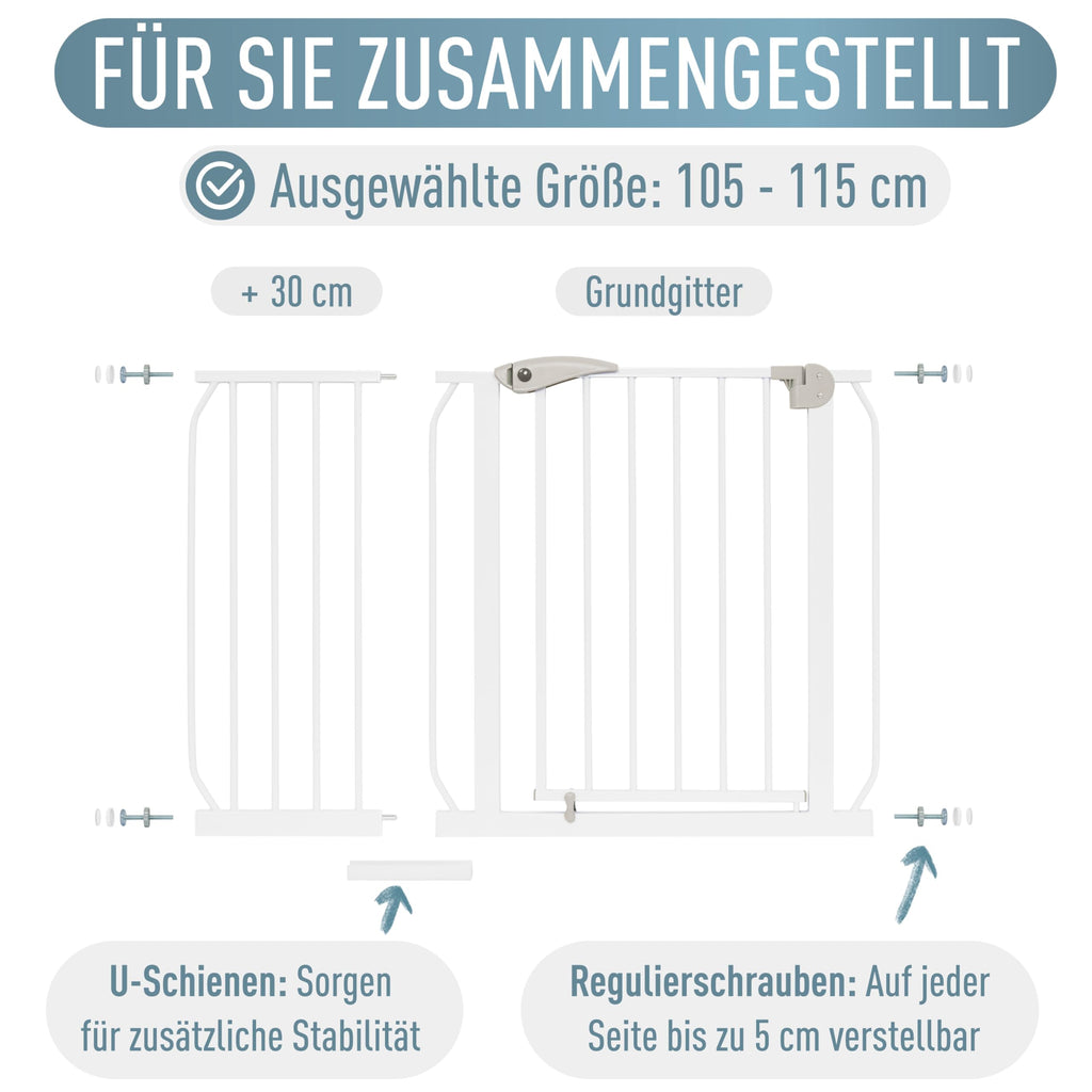 IB STYLE Türschutzgitter Berrin 105-115 cm - Treppenschutzgitter für Kinder, Klemmgitter für Hunde,Ohne Bohren, Weiß Grau