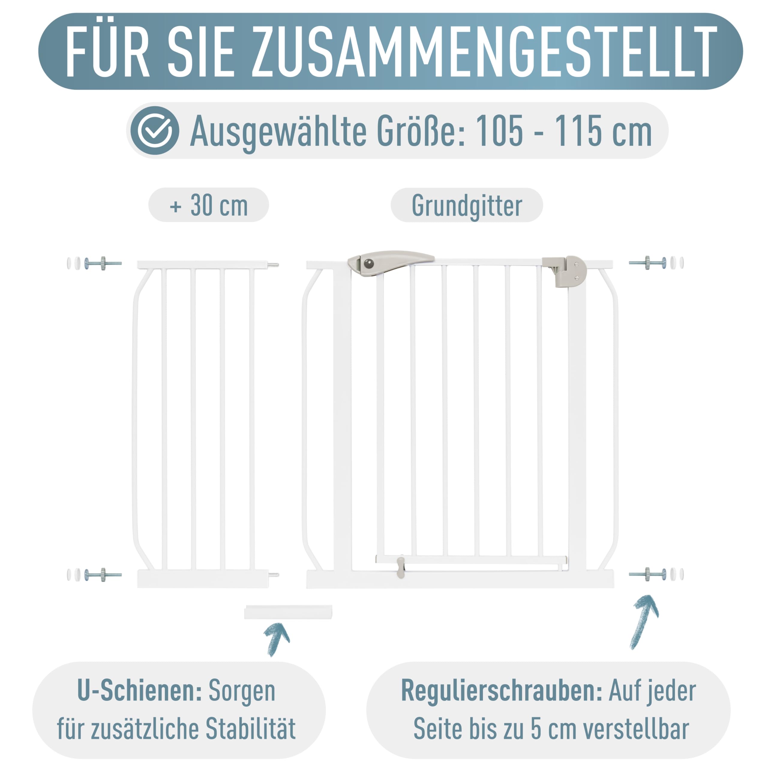 IB STYLE Türschutzgitter Berrin 105-115 cm - Treppenschutzgitter für Kinder, Klemmgitter für Hunde,Ohne Bohren, Weiß Grau