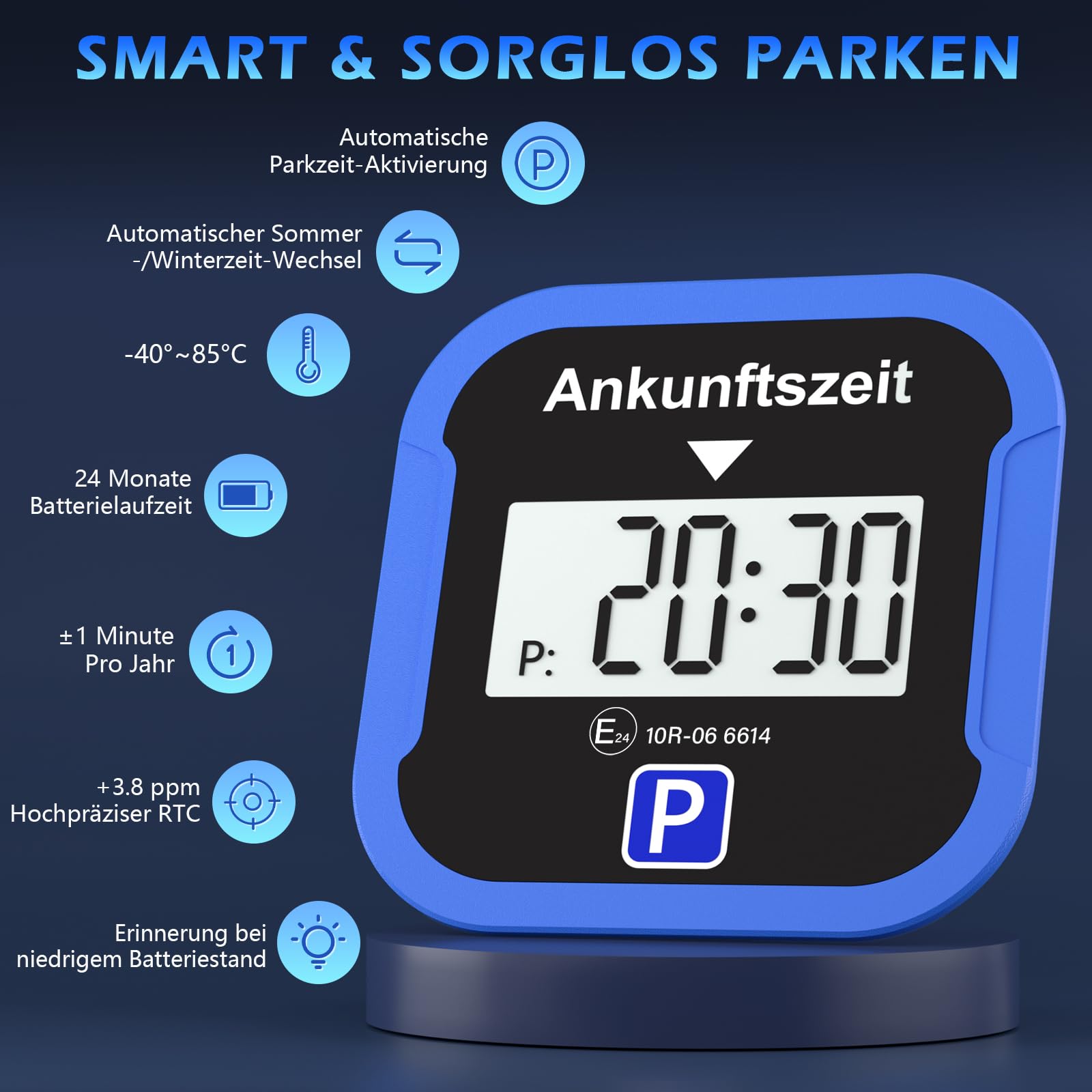 Warmfay® Elektronische Parkscheibe mit Zulassung vom KBA, Automatische Digitale Parkscheibe Elektrisch mit Batterie, Elektrische Parkuhr Auto mit 2 Displays & Nachtmodus & 3 Zeitmodi(1, Blau)