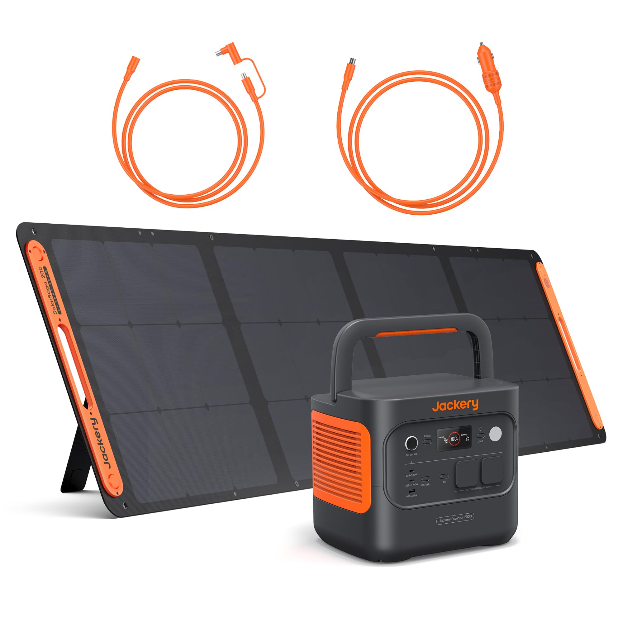 Jackery Explorer 2000 v2 Solargenerator Set, 2042Wh Tragbare Powerstation mit 200W Solarpanel, 5m Solarpanel-Verlängerungskabel & Kfz-Ladekabel, 2200W Ausgang, Schnellladung für Camping & Wohnmobil