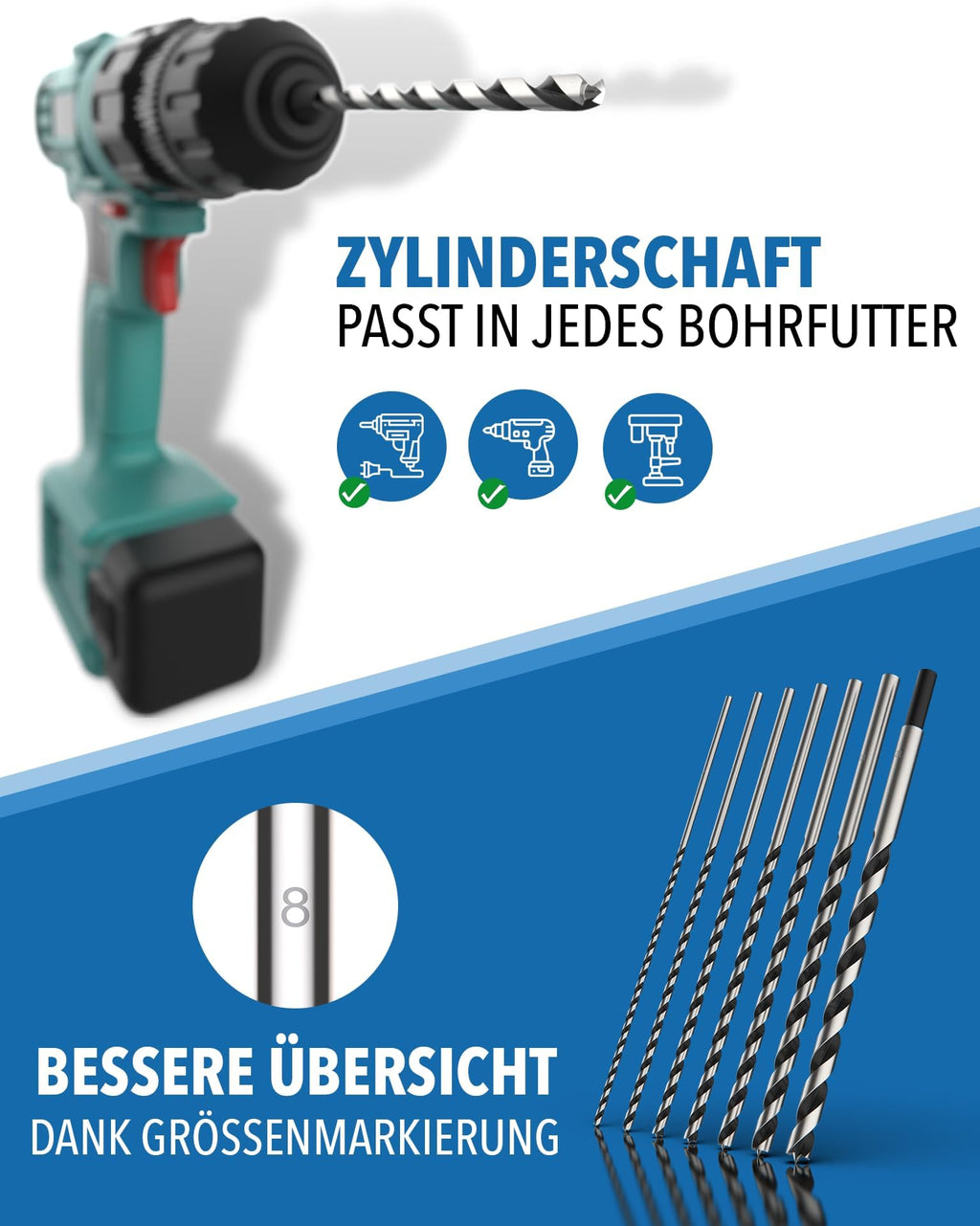 Holzbohrer Set lang Profi - [7-teilig inkl. Tasche] - Schlangenbohrer Ø 4mm, 5mm, 6mm, 7mm, 8mm, 10mm, 12mm x 230mm, lange Schalungsbohrer, Balkenbohrer, langer Holzspiralbohrer, Langbohrer