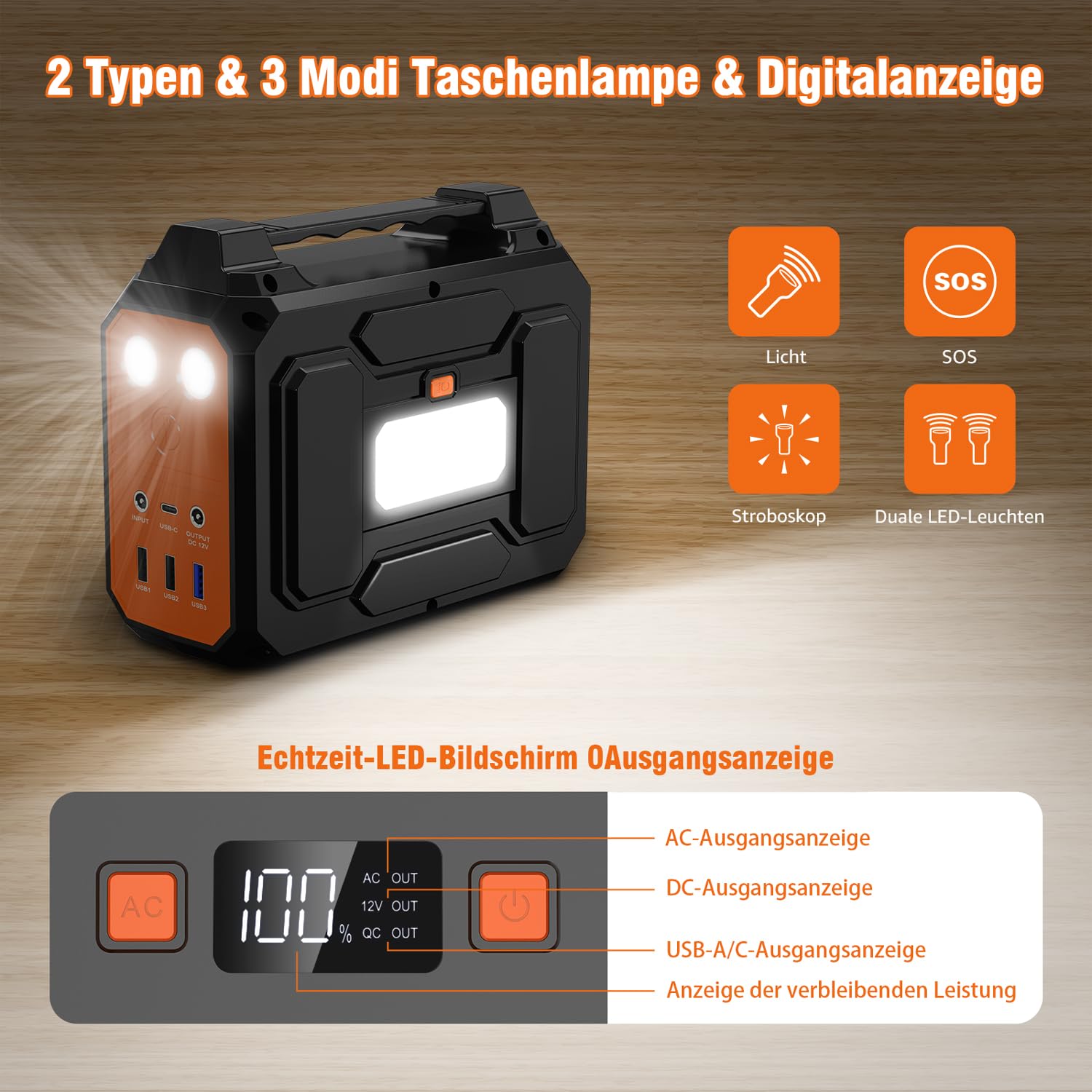 Powkey Powerstation mit Solarpanel 99Wh/27000mAh Tragbare Powerstation mit 40W Faltbare Solarpanel 100W Solargenarator mit 230V AC Ausgang/18W USB-A/USB-C für Wohnmobil Camping，schwarz-orange