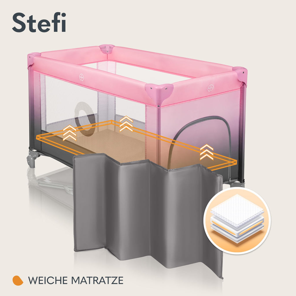 Lionelo Stefi Baby Kinderbett, Reisebett ab Geburt bis 15 kg, Seiteneingang, Sicherungssystem LockGuard, Blockade der Räder, Tragetasche, zusammenklappbar