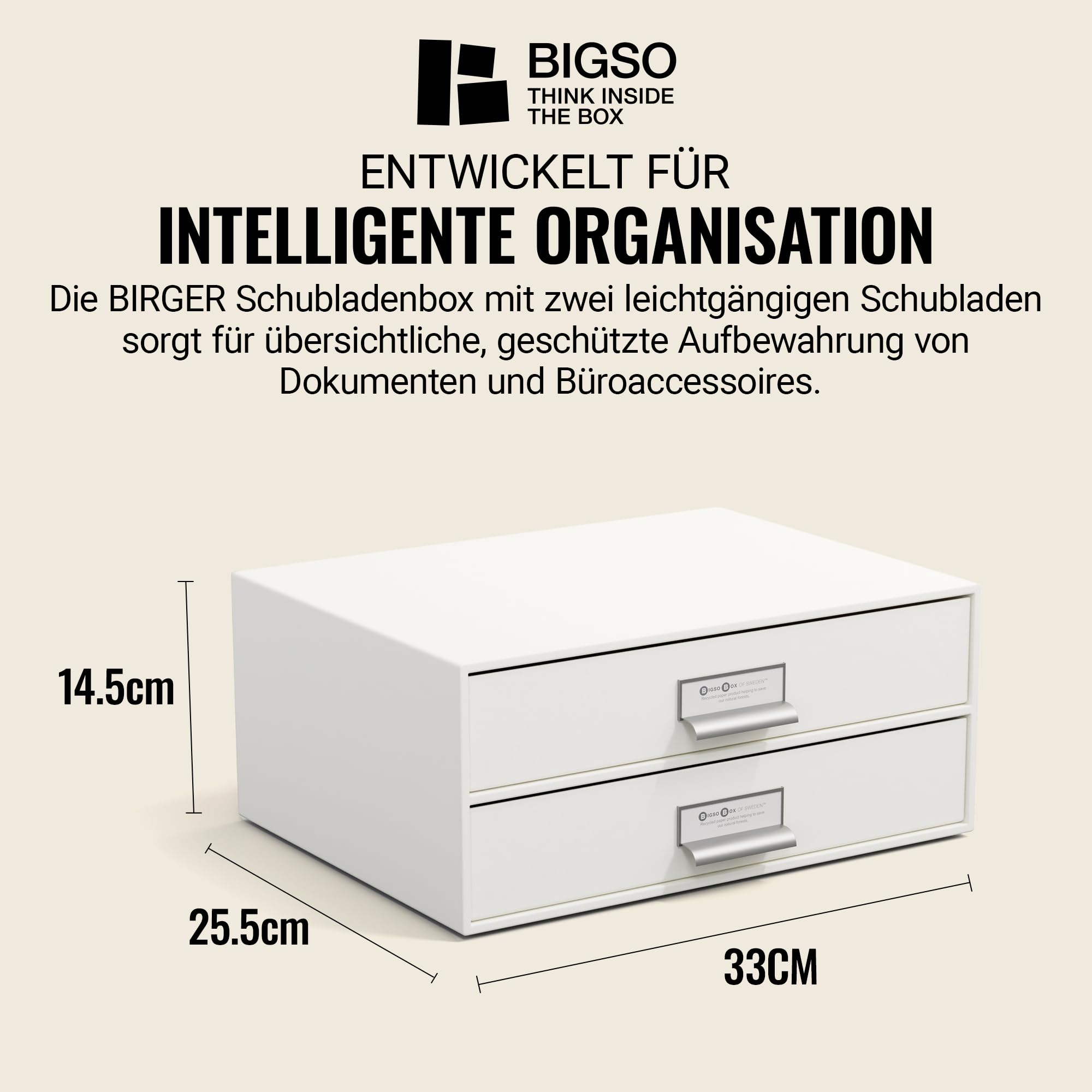 BIGSO BIRGER Schubladenbox – Aufbewahrungsbox mit 2 Schubladen – Schreibtisch Ablage für Dokumente & Bürobedarf – Ablagesystem aus recycelter Faserplatte und Papier – weiß