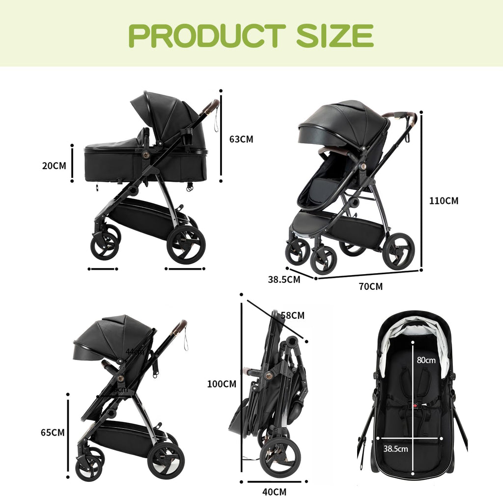 Lnhcrbs Kinderwagen 3 in 1,Kinderwagen Set ist ein mit einer Hand faltbarer Aluminiumrahmen, Bergsteiger Stoller ist aus Leder, wasser- und schmutzabweisend, Für 0-4 Jahre, 22KG(Schwarz)