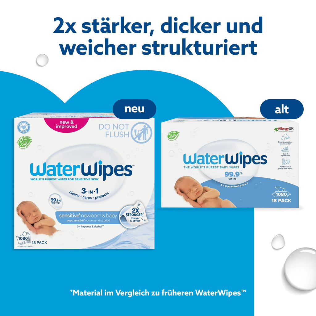 WaterWipes Sensitive+ Newborn & Baby Wipes, Feuchttücher für Neugeborene und Babys, 1080 Stück (18 Packungen), 3-in-1-Reinigung, Pflege, Schutz, 99,9% Wasser, parfümfrei