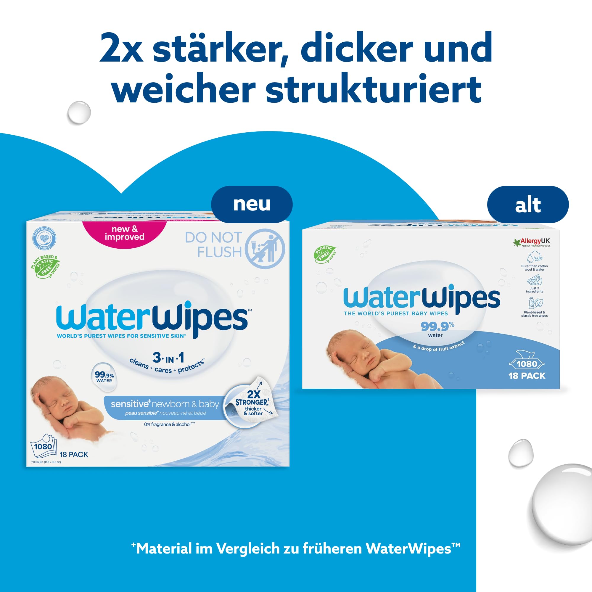 WaterWipes Sensitive+ Newborn & Baby Wipes, Feuchttücher für Neugeborene und Babys, 1080 Stück (18 Packungen), 3-in-1-Reinigung, Pflege, Schutz, 99,9% Wasser, parfümfrei