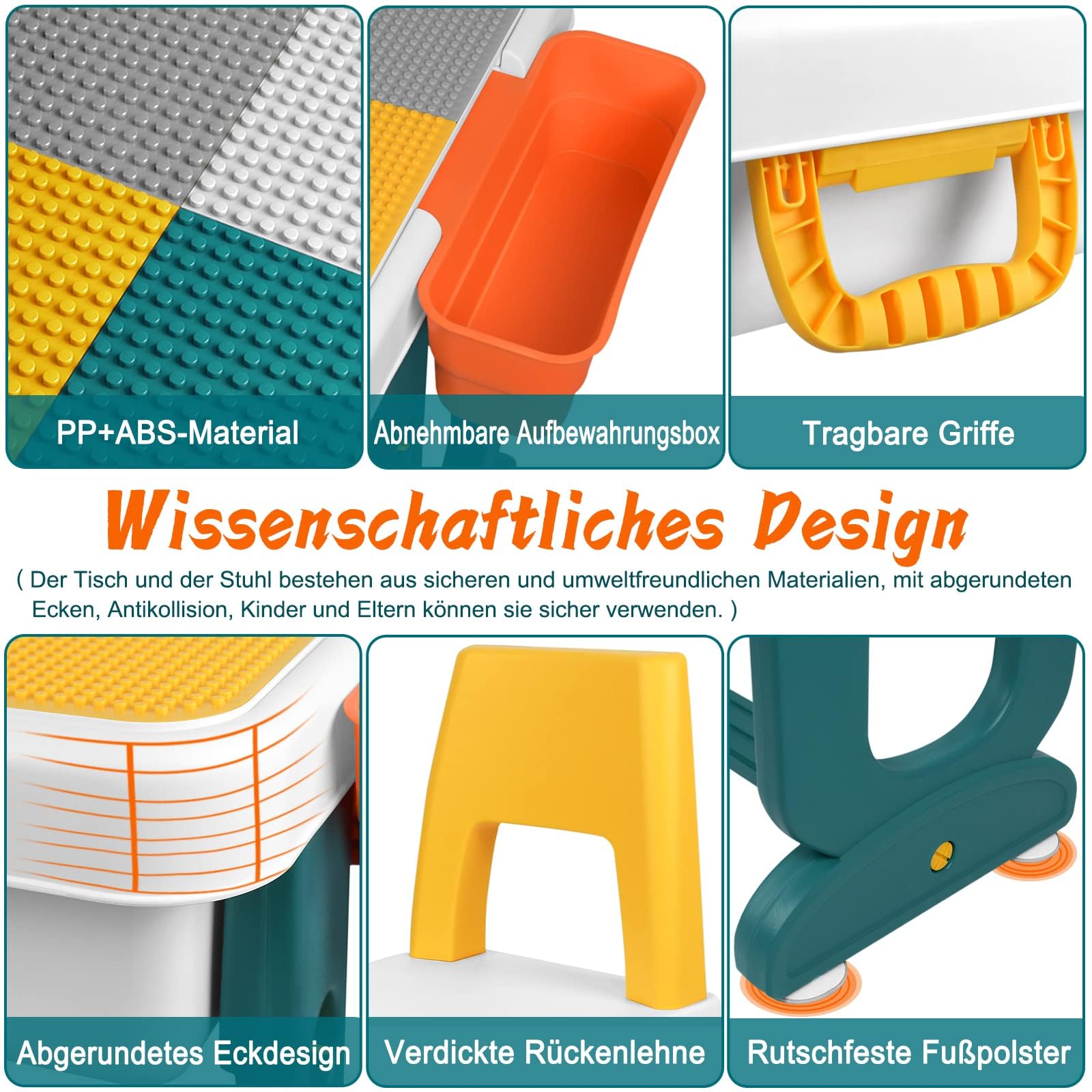 LZQ 5-in-1 Kindertisch mit Stühle Set Kinder Tisch Stuhl Spieltisch mit Bausteine und 2 Stühle Doppelseitiger Tischplatte Multifunktionaler Aktivitätstisch mit Stauraum für Lernen Lernspiele