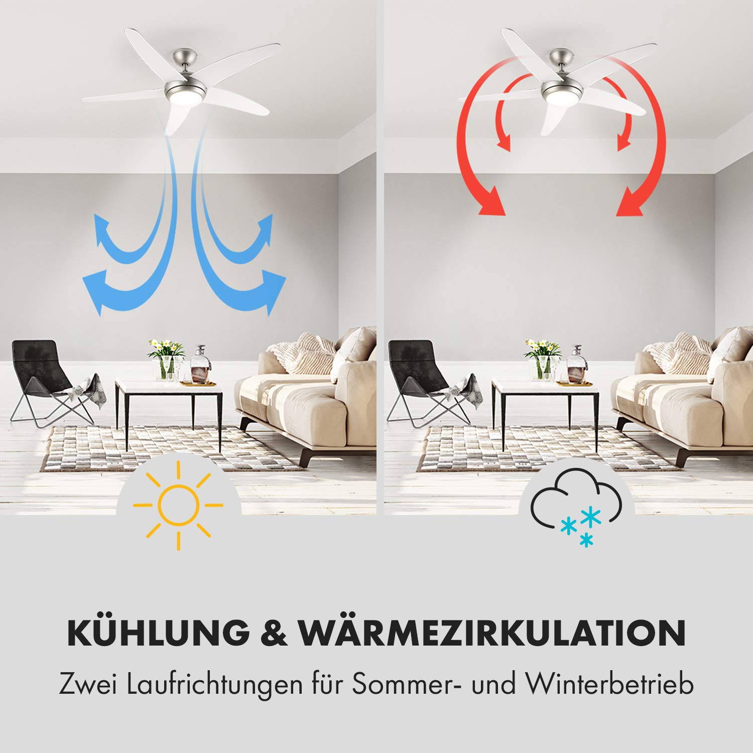 Klarstein Bolero - 2-in-1-Deckenventilator 134cm durchmessender Ventilator, Leuchte 55W Leistung, Holzflügel, Fernbedienung, 50 dB, 3 Drehgeschwindigkeiten: schnell, mittel, langsam, weiß