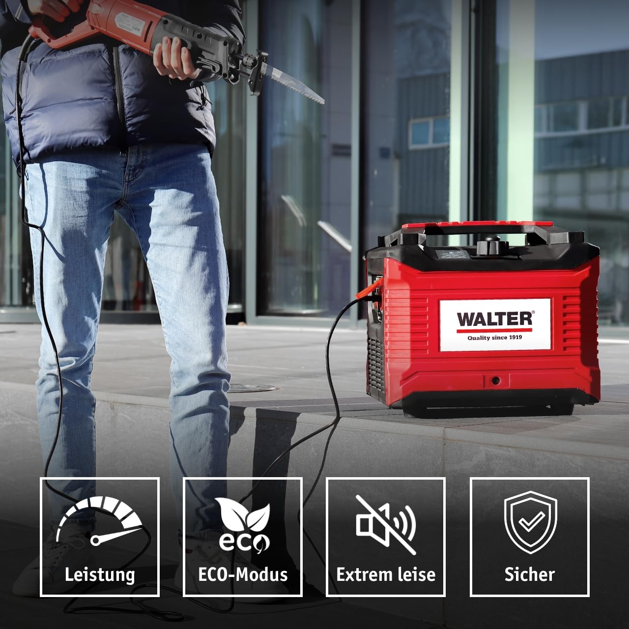 Walter Inverter Stromerzeuger 1000W, Benzin Notstromaggregat, ideal für Camping Reise Garage Wohnwagen Baustelle, WWS-IGS1000