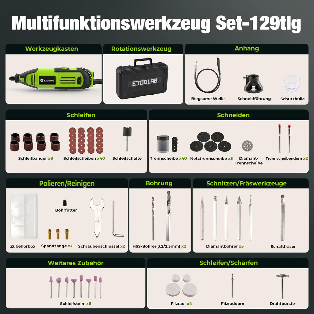Multifunktionswerkzeug 200W, ETOOLAB [Professional] Rotationswerkzeug, Echte 10000-35000 U/min, Drehmelwerkzeug Set mit 129 Zubehören, 6 Variable Drehzahl für Schneiden, Gravieren, Bohren, usw.