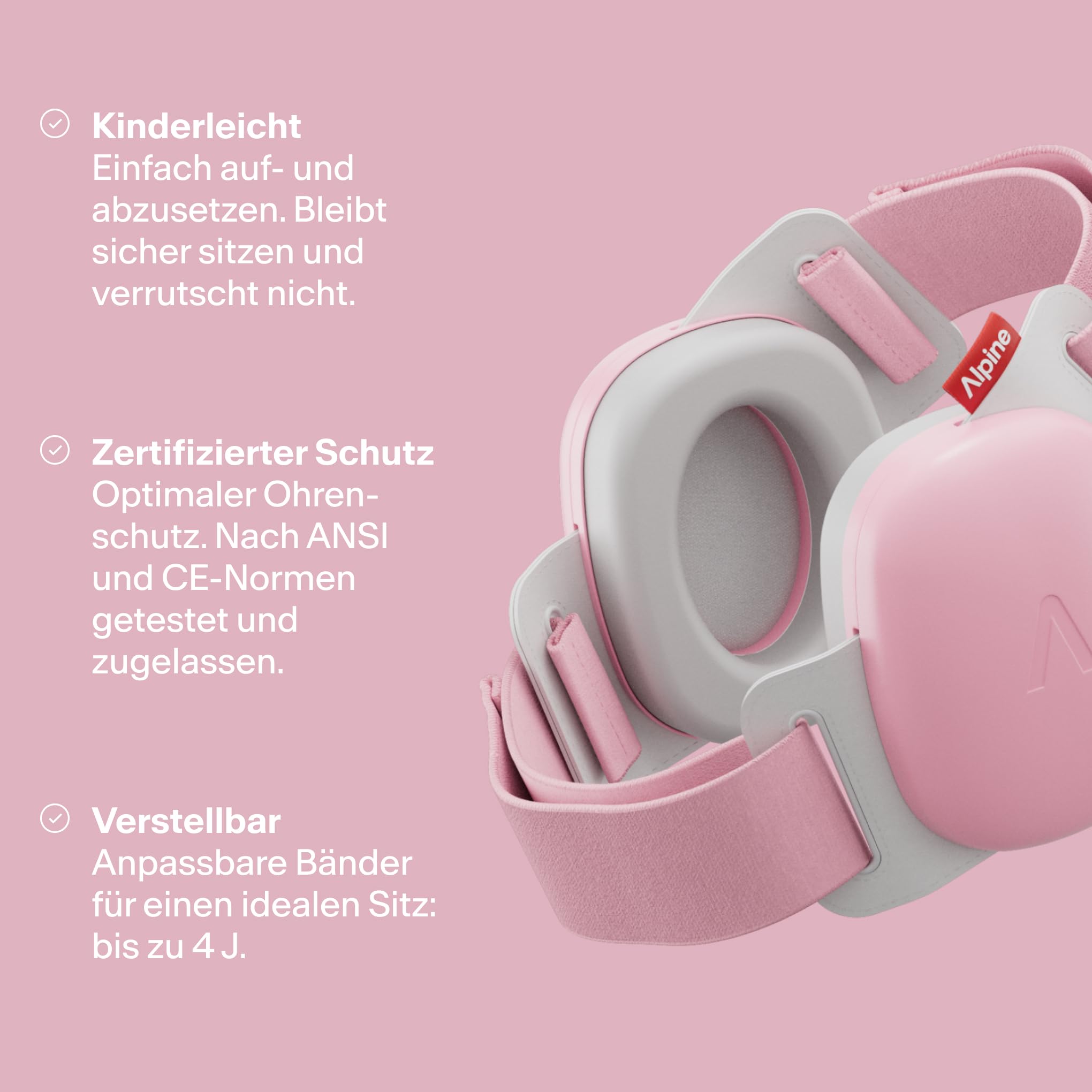 Alpine Muffy Baby Komfort - Gehörschutz für Babys & Kleinkinder - Getestet in Deutschland - Einzigartiges Kopfband für Sicheren & Bequemen Sitz - Verstellbar <48 Monate - Kopfhörer Lärmschutz, Rosa