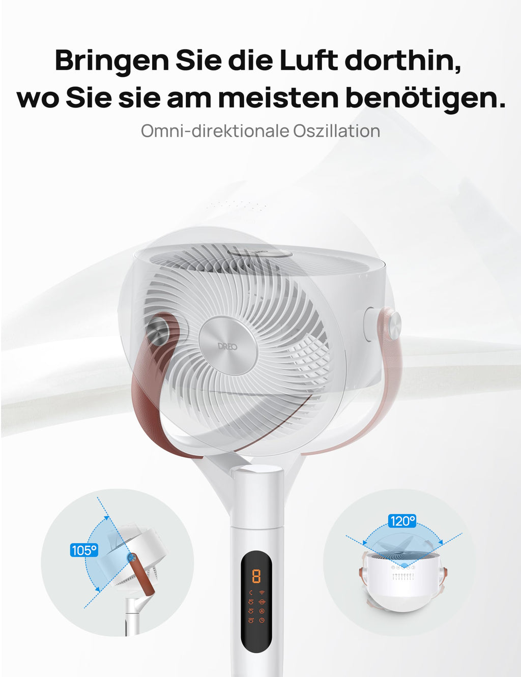 Dreo 25dB leiser Smart Standventilator, 30M Windentfernung 1650m³/h Luftvolume Turbo-Luftzirkulator 110CM Höhe 6 Modi 8-Geschwindigkeit 120°+105° Omni-direktional oszillierend Ventilator, PolyFan 513S