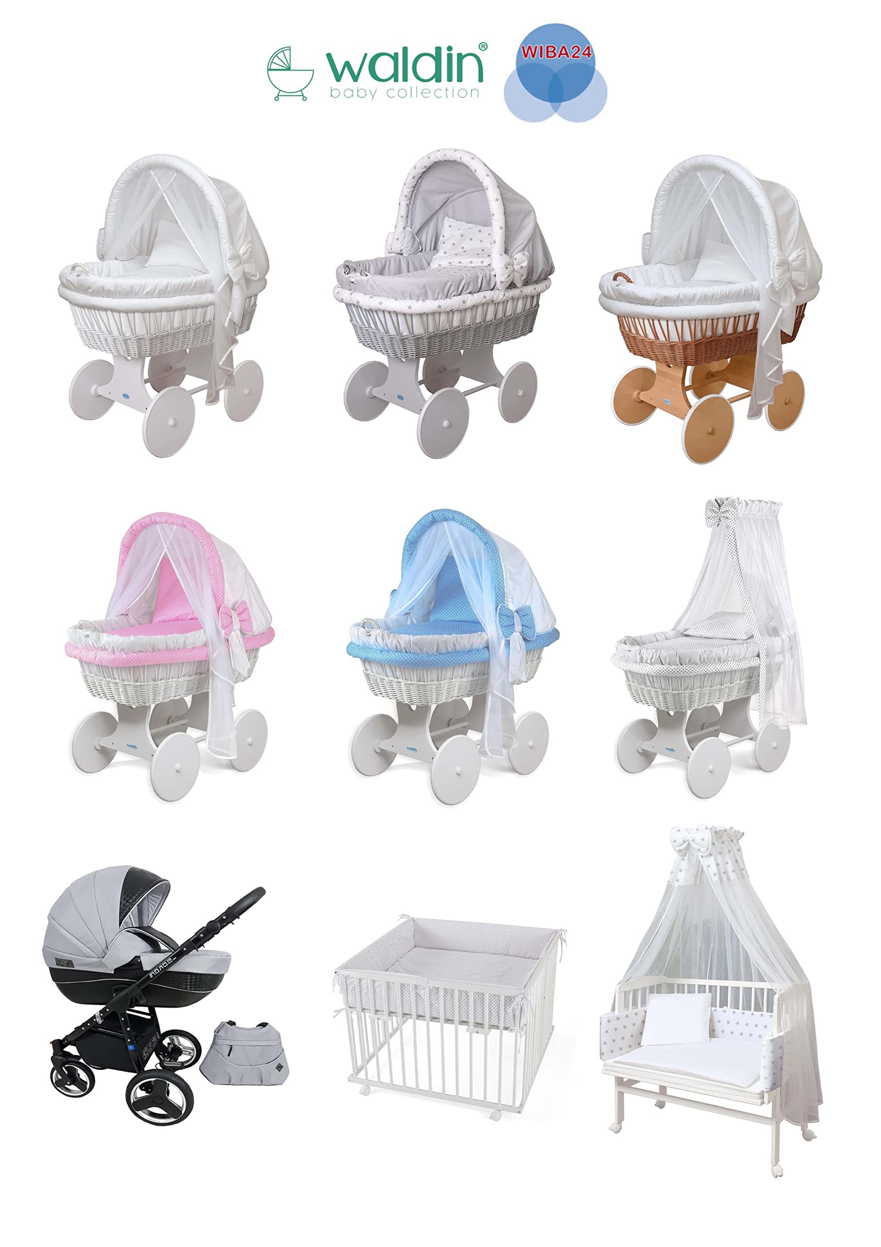 Waldin Baby Stubenwagen-Set mit Ausstattung, XXL, Bollerwagen, komplett, 24 Modelle wählbar, Gestell/Räder weiß lackiert, Stoffe grau/Sterne grau