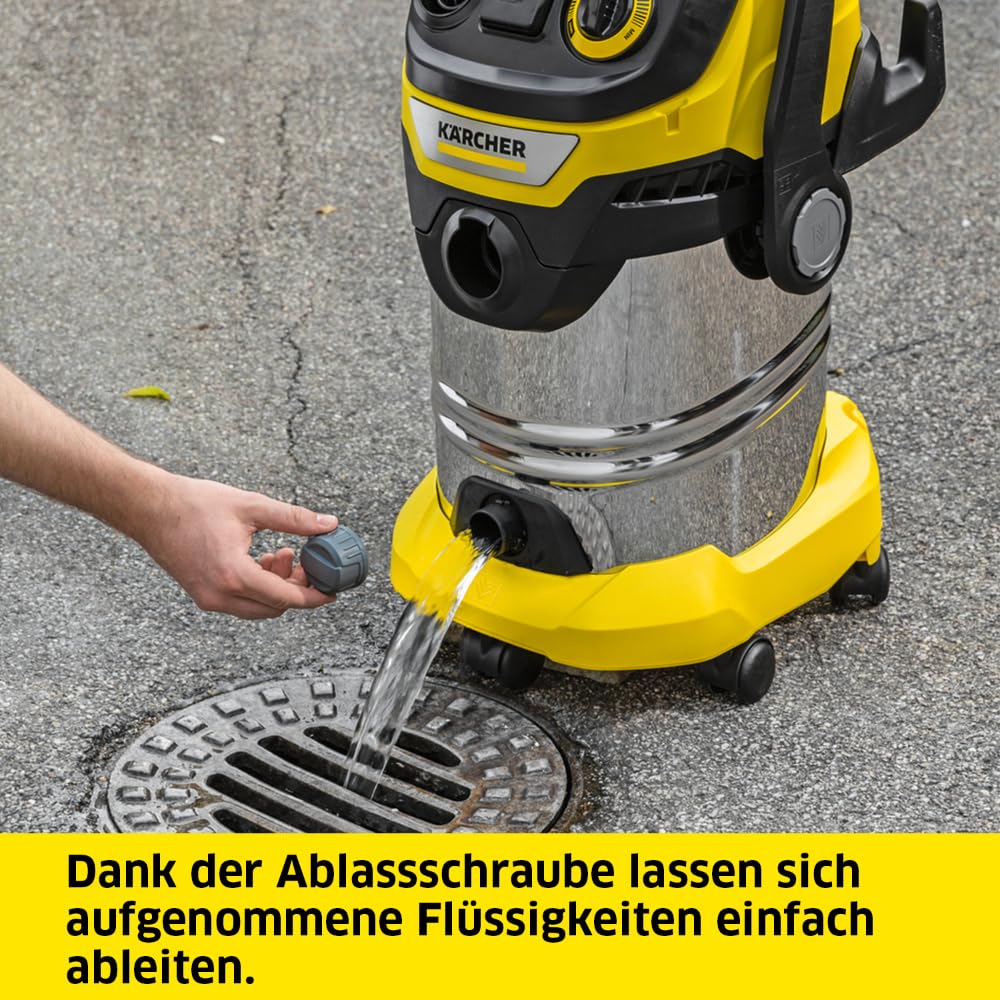 Kärcher Nass-/Trockensauger WD 6 P S V-30/6/22/T, inkl. Steckdose, Flachfaltenfilter, patentierter Filterbox, Filterreinigung, 1.300 W, Edelstahlbehälter: 30 l & Ablassschraube, Saugschlauch: 2,2 m
